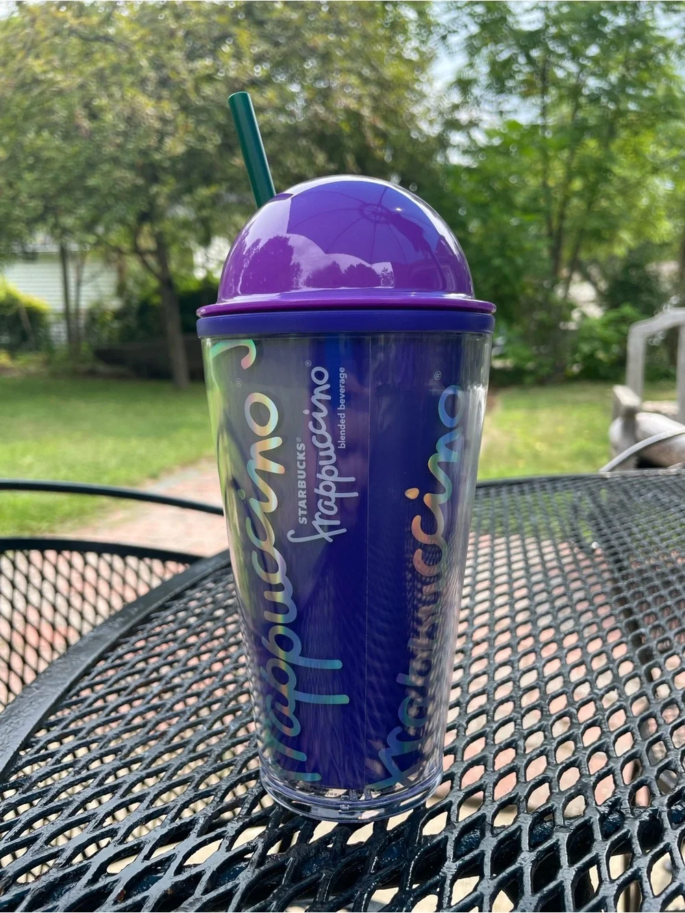 2014 Starbucks Frappuccino 16 oz Cold Cup Tumbler Purple with Holographics
